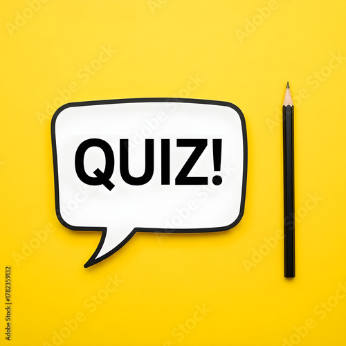 Bright yellow background featuring a white speech bubble with the word quiz and a pencil