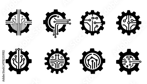Eight stylized gear icons incorporating circuit board designs, representing technology and engineering