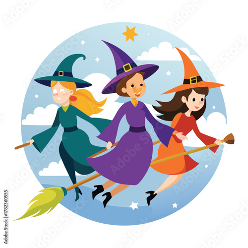 Three friendly witches flying on broomsticks under a starry sky illustration