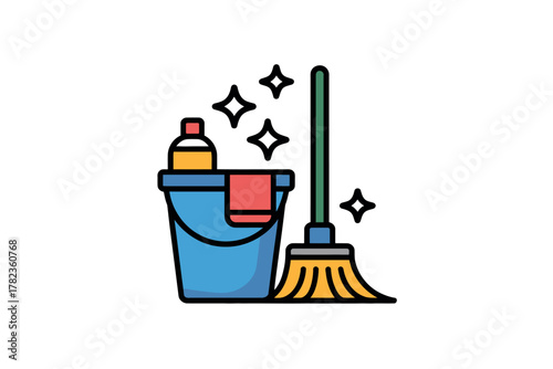 Cleaning supplies including a bucket cleaning fluid towel and mop symbolizing cleanliness and household chores