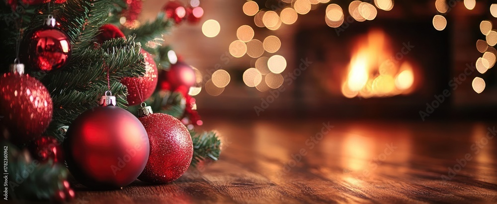 Obraz premium Close-up of red Christmas ornaments on green tree branches with blurred warm fireplace and glowing bokeh lights in background evoking cozy festive atmosphere