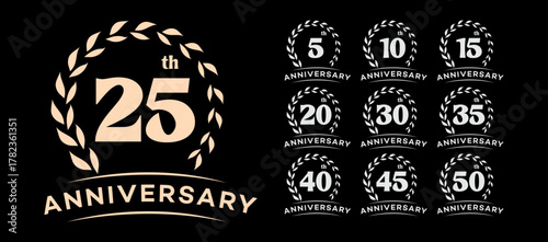 Anniversary Badges 5, 10, 20, 25, 50  Elegant Wreath Design Set