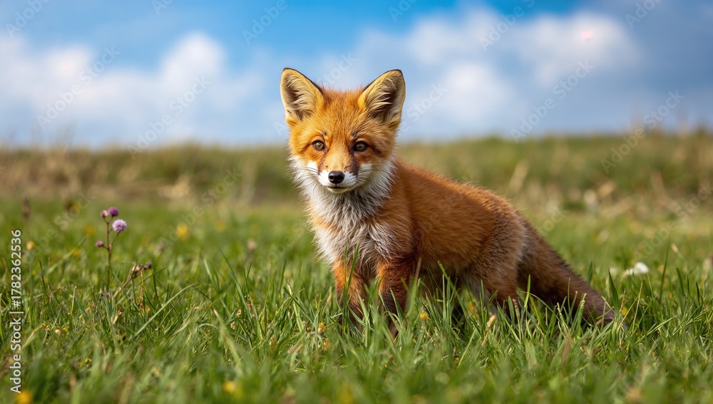 Naklejka premium Red fox gazing directly at the viewer on a summer grassland, wildlife observation