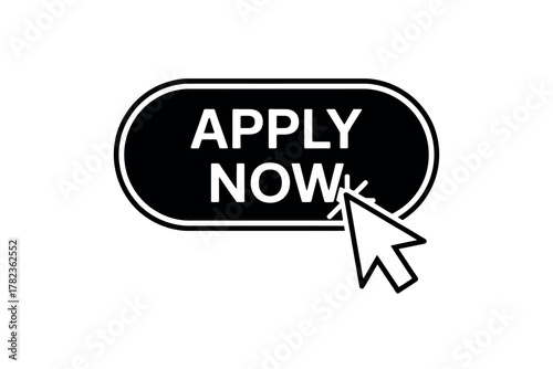 Black apply now button with a cursor on a white background for web design and online applications process