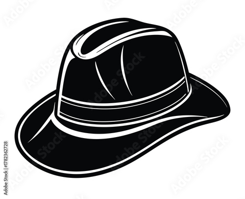 Illustration of a classic fedora hat in black and white style