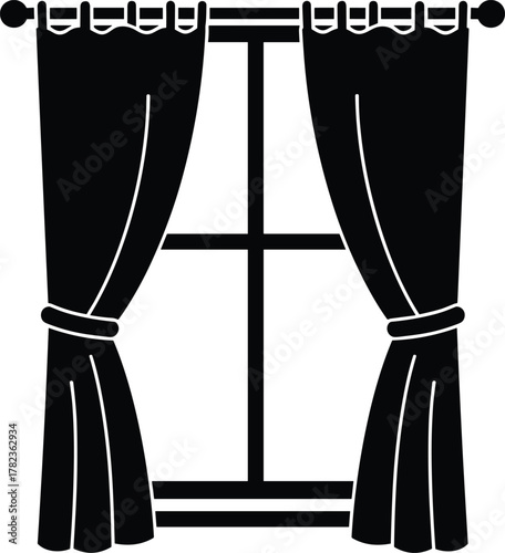 PrintWindow with curtains silhouette, home interior design element, classic drapery decoration vector illustration for architecture, furniture, and modern house style
