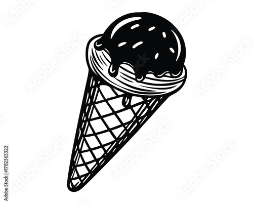Delicious chocolate ice cream cone with dripping fudge sauce dessert illustration