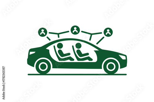Autonomous vehicle with passenger sharing and networking capabilities in green icon design for future transport