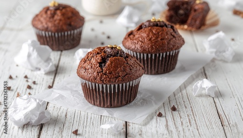 Dark cocoa muffins displaye...