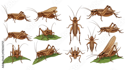 A collection of realistic brown cricket illustrations shown in various poses and angles, some resting on green leaves.