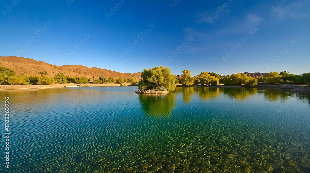 Naklejka premium In the middle of the desert there is a lake surrounded by trees