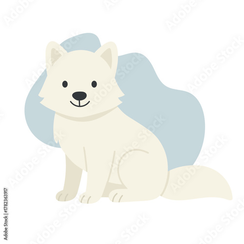 Arctic fox sits on snow, fox radiates calm and curiosity, fox symbolizes survival and adaptation in extreme cold, representing beauty and balance of northern wildlife and nature.