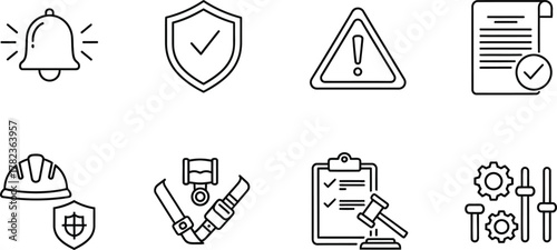Safety first a collection of essential safety icons, including a bell for alerts, a shield for protection, a warning sign for hazards, a document for compliance, a hard hat for head protection, a seat