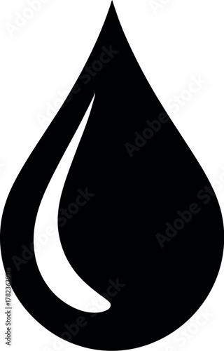 Minimalist black and white illustration of a single liquid drop with a curved reflection on a plain background