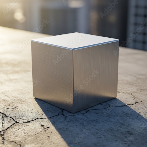Metallic Cube on Concrete - Minimalist Urban Sculpture in Sunlight.