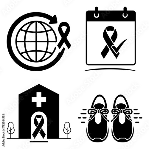 Collection of black ribbon icons representing various causes