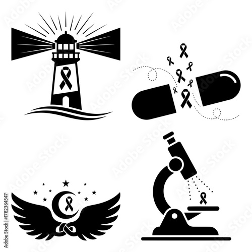 Collection of black ribbon icons representing various causes