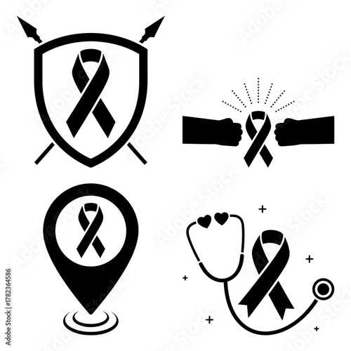 Collection of black ribbon icons representing various causes