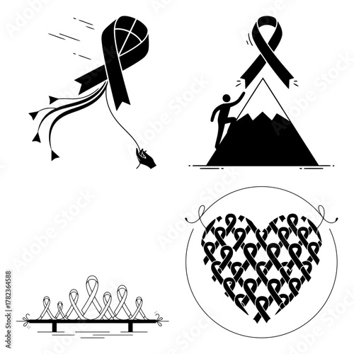 Black and white vector illustration of awareness ribbon icons
