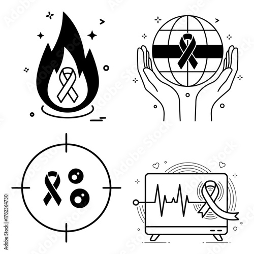 Set of awareness ribbon icons in black and white for various causes