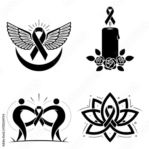 Collection of black awareness ribbon designs for various causes