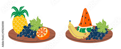 Flat vector illustration with juicy fruits on wooden plates. Pineapple, banana, tangerine, black grape, watermelon. Healthy lifestyle. Isolated.
