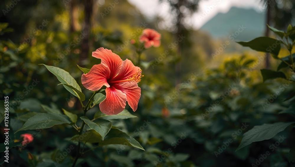 Fototapeta premium Tropical hibiscus flowers, vibrant colors in a natural setting, seasonal change