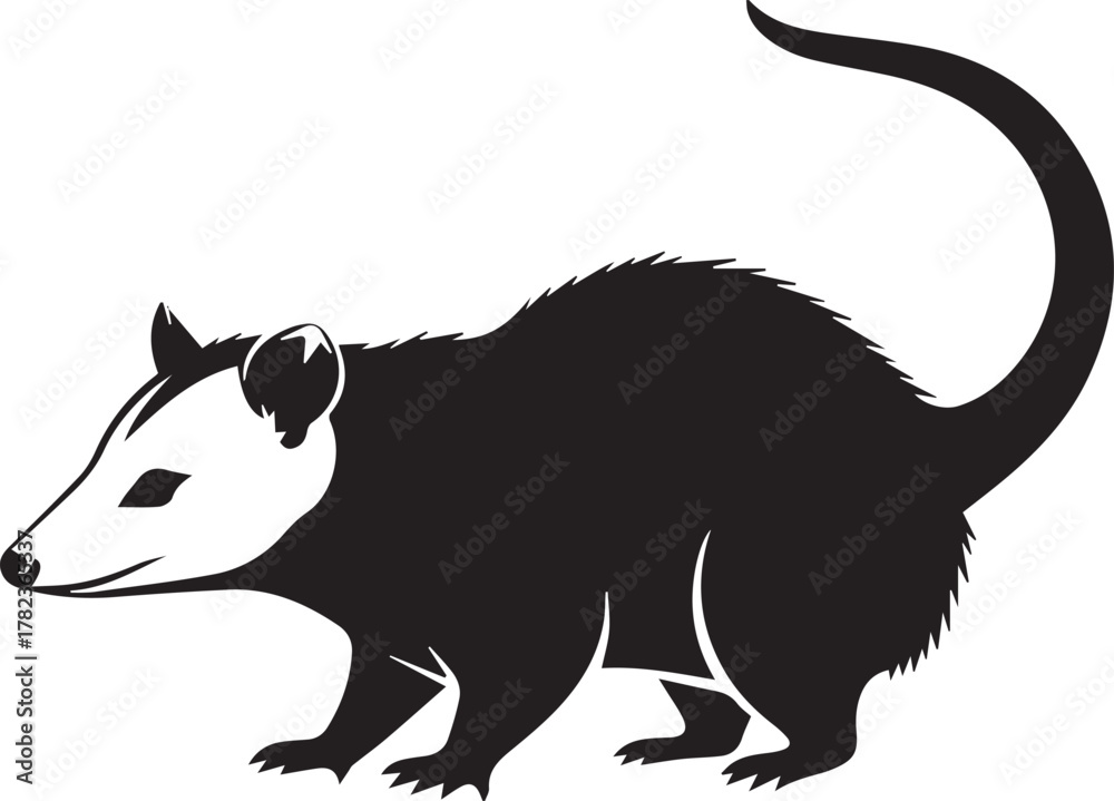 Fototapeta premium Black silhouette of an opossum with long tail on white
