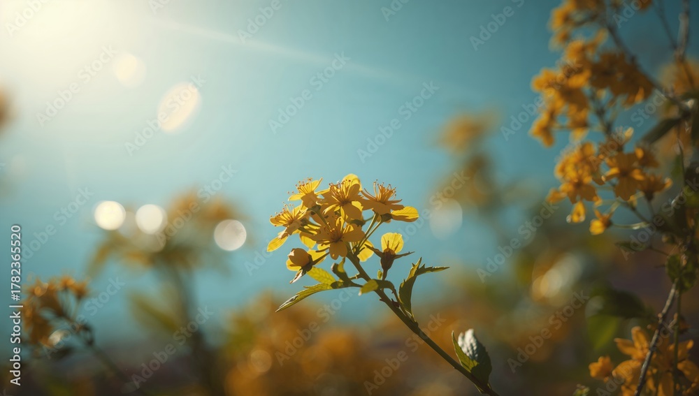 Obraz premium Kerria japonica flowers blooming under a blue sky, seasonal change