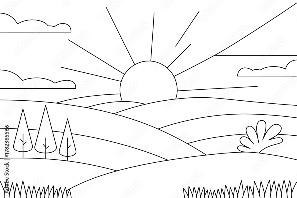 Fototapeta premium Simple line drawing of a sunrise over rolling hills with trees and clouds in a minimalist style