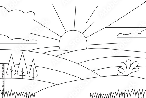 Simple line drawing of a sunrise over rolling hills with trees and clouds in a minimalist style