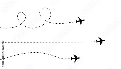 Three airplanes flying with dotted lines on a white background graphic