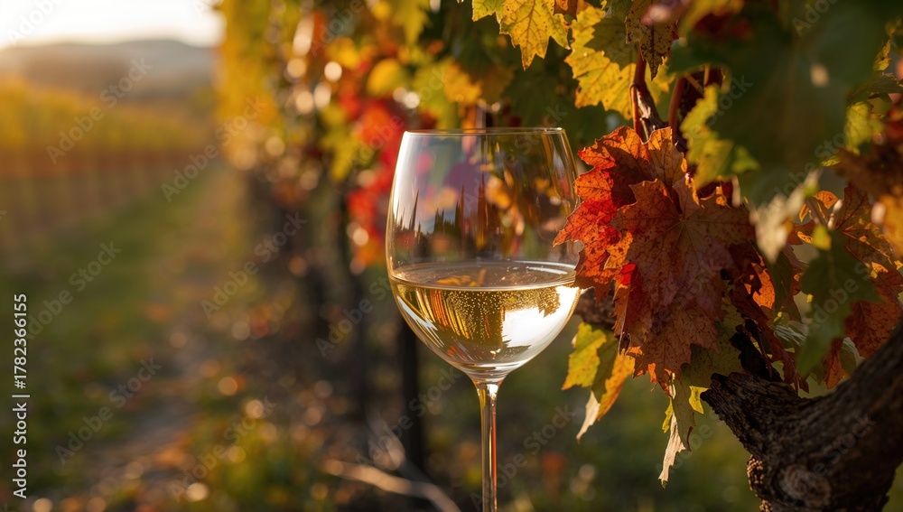 Obraz premium Close-up of white wine in a glass beside a grapevine with colorful leaves, highlighting seasonal change