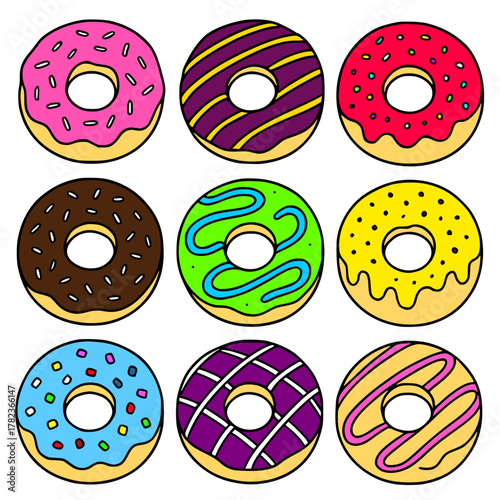 Vector Illustration, Collection of 9 Donuts