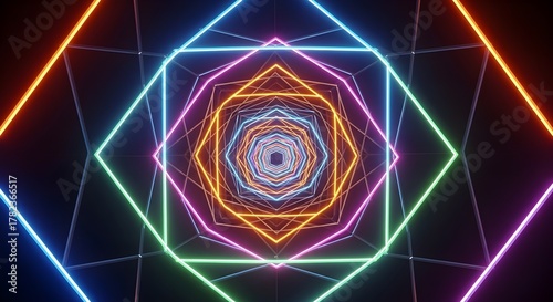 Fototapeta Naklejka Na Ścianę i Meble -  Vibrant Neon Light Tunnel Abstract Geometric Digital Background Isolated background