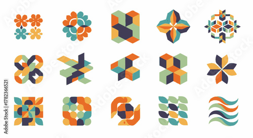 A collection of abstract geometric patterns and shapes in a retro color palette, presented in a grid layout.