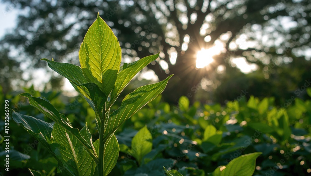 Fototapeta premium Lush green plant with large leaves under bright sunlight, enhancing natural beauty, Earth Day
