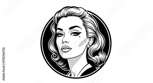 A black and white graphic illustration of a beautiful woman with a retro, glamorous hairstyle and makeup.