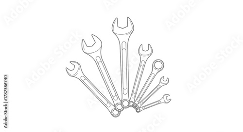 A detailed illustration showcasing a collection of open-end wrenches arranged in a fan-like pattern.