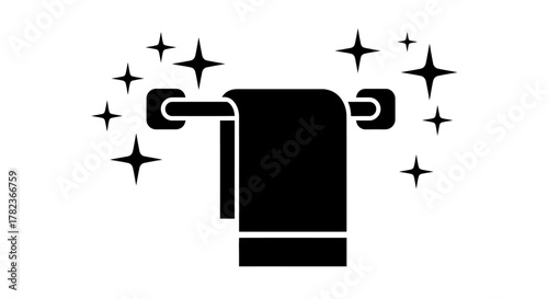 Black glyph icon of a clean, sparkling towel hanging on a bathroom holder.