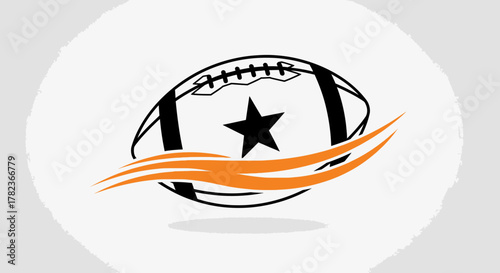 Football with a star in the center and orange flames underneath, sports logo.
