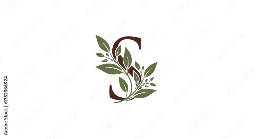 Fototapeta premium Elegant botanical design featuring the letter S, adorned with leaves and floral elements.