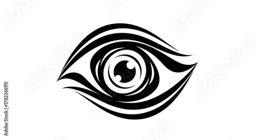 Stylized black and white tribal tattoo design of a human eye on a white background.