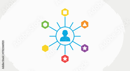 Central figure connected to various colorful geometric shapes representing diversity and collaboration.