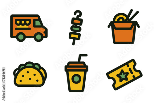 Food truck offers diverse street food options with tacos, skewers, and drinks at local festival