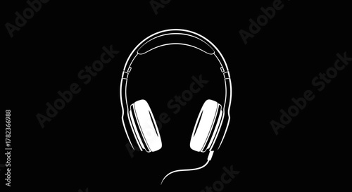 A minimalist white line art illustration of over-ear headphones on a solid black background.