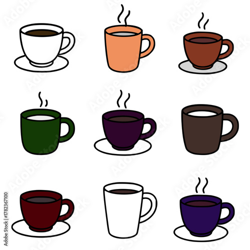 Vector Illustration, Collection of 9 Coffee Cups