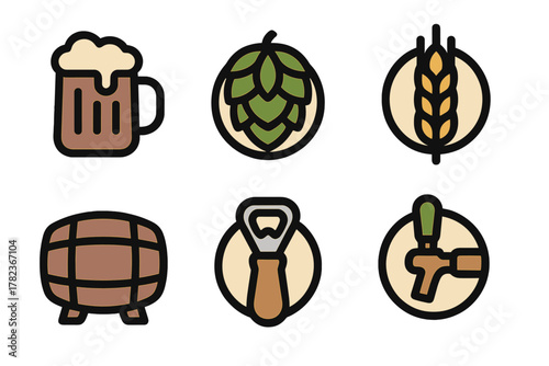 Beer brewing process icons featuring hops, barley, and themed tools for craft beer lovers