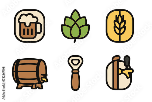 Brewing process icons illustrating essential ingredients and tools for craft beer production