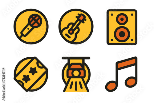 Musical elements depicted in circular icons representing performance and sound equipment